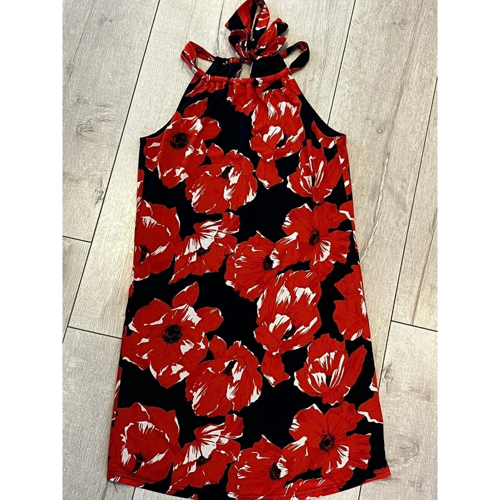 Trina Turk Halter Dress Womens XS Red Black Floral Poppy Shift Mini Euro Summer